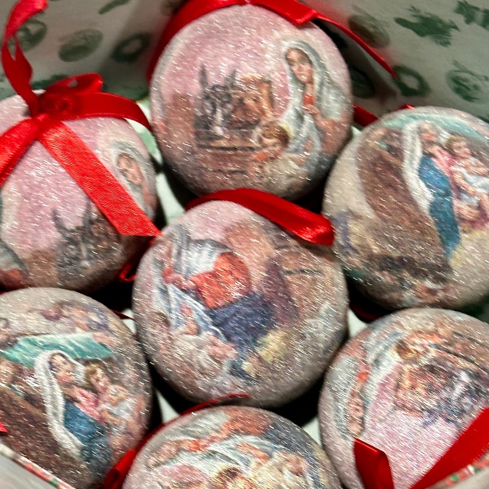 Vintage Frosted Nativity Christmas Ornaments Set w/ Holy Family Box